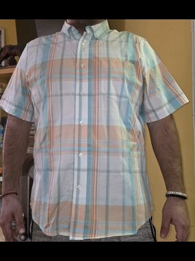 George Men's Short-Sleeve Plaid Button-Down Shirt - Peach, Light Blue